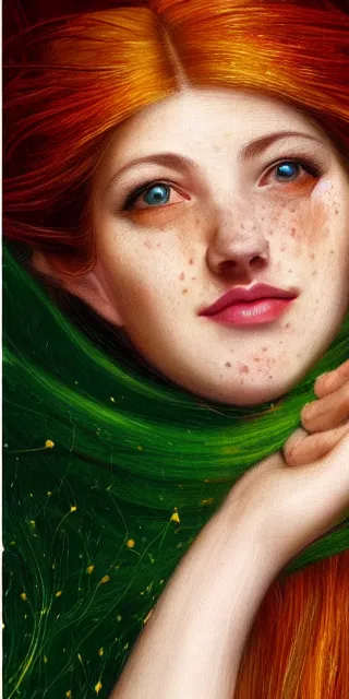 Prompt: infp woman, smiling, amazed by golden fireflies lights, sitting in the midst of nature fully covered, long loose red hair, intricate linework, green eyes, small nose with freckles, oval shape face, realistic, expressive emotions, dramatic lights, hyper realistic ultrafine art by artemisia gentileschi, albert bierstadt, artgerm