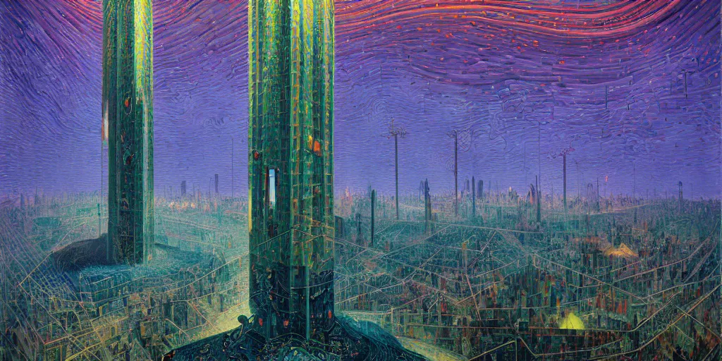 Image similar to Crystal Tower by Simon Stålenhag and Umberto Boccioni, oil on canvas