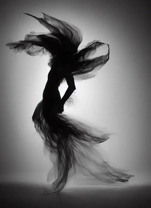 Image similar to a Photorealistic dramatic hyperrealistic render of a glamorous beautiful Female smoke dancer by Ken Brower and Deborah Ory of NYC Dance project,Lois Greenfield,Flowing cloth and smoke,Beautiful dynamic dramatic dark moody lighting,volumetric,shadows,cinematic atmosphere,Octane render,8K