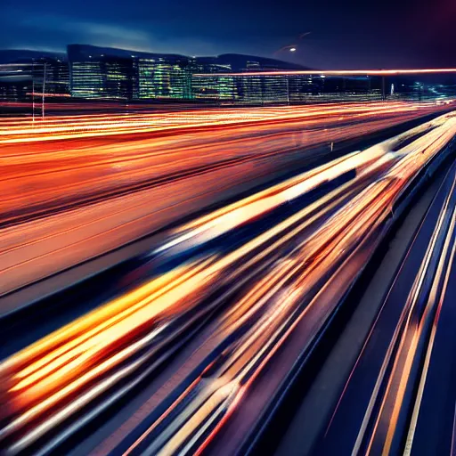 Image similar to a stunning aesthetic wallpaper of a highway full of traffic with a train track and bus lane, photograph by leon macapagal, 8 k, motion blur, soft focus, cinematic lighting, trending on flicker.