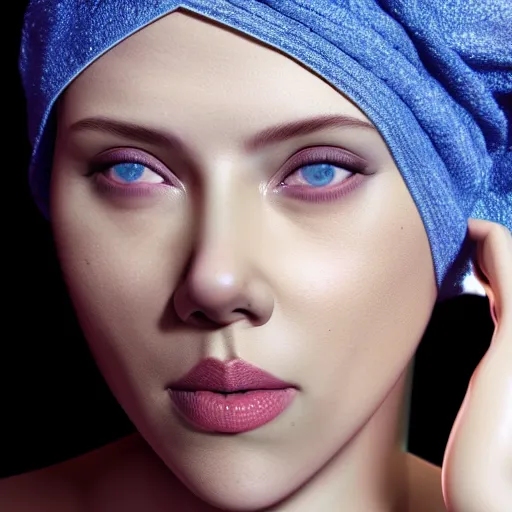 Prompt: scarlett johansson blue hair wrapped in a towel getting out of the shower, 3 d render, hyper - realistic detailed portrait