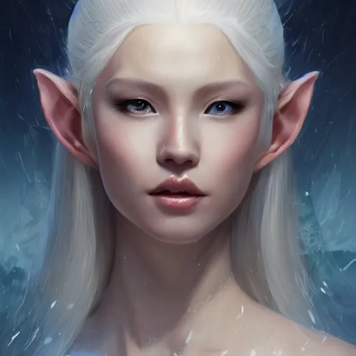 Prompt: A masterpiece portrait of a A albino gorgeous Asian elvish blonde girl with huge Diamond in her forehead. Goddess of North. trending on artstation, digital art, by Stanley Artgerm Lau, WLOP, Rossdraws, James Jean, Andrei Riabovitchev, Marc Simonetti, Yoshitaka Amano