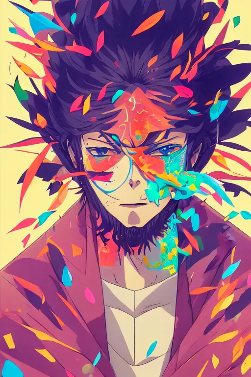 Image similar to abstract portrait, 9 0 s anime art, floating detailes, very detailed face, leaves by miyazaki, colorful palette illustration, kenneth blom, mental alchemy, james jean, pablo amaringo, naudline pierre, contemporary art, hyper detailed