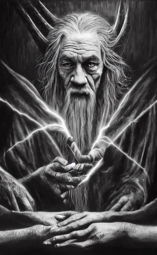 Prompt: gandalf arm wrestles himself, surrounded by beams of light dark background by wayne barlow, stanley donwood, anton semenov, zdzislaw bekinski, hr giger, 8 k, fantasy, dark, highly detailed