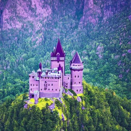 Image similar to dark gothic castle on an high mountain near the ocean. gradient purple sky. aerial photography, flintlock fantasy