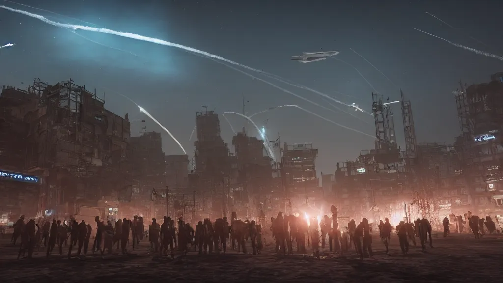 Prompt: low angle shot of a horde of people in a post-apocalyptic city at night, spaceships with blue contrails in background, hyperrealistic, Cryengine 8k UHD