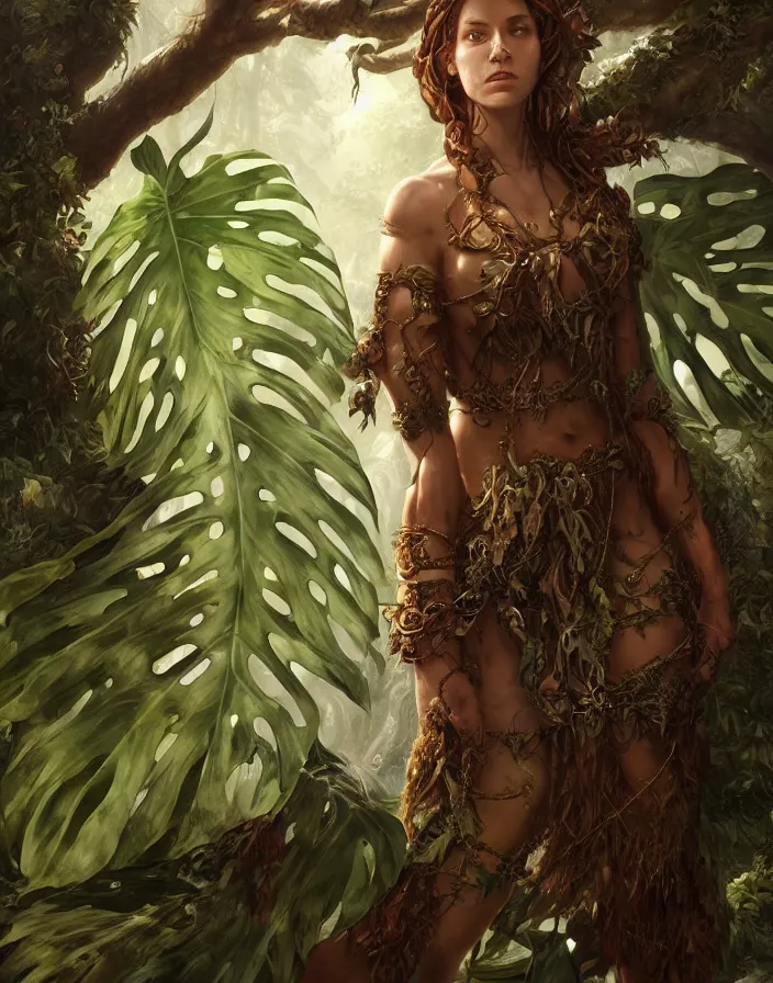 Image similar to a woman tree druid with monstera leaf clothing, fully clothed, two arms, realistic pose, D&D, fantasy, intricate, cinematic lighting, highly detailed, digital painting, artstation, concept art, smooth, sharp focus, illustration, art by Justin Gerard