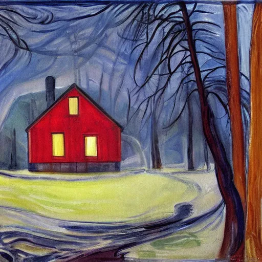 Prompt: a painting of a Eerie cabin in the middle of the woods in the Edvard Munch