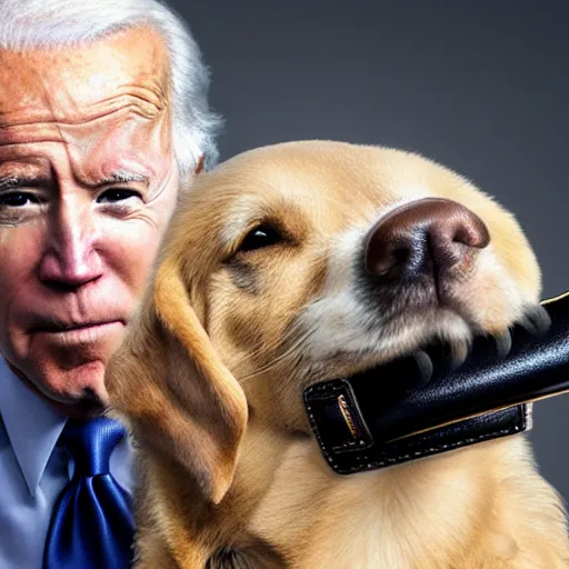 Image similar to uhd candid photo of joe biden wearing a dog muzzle, with accurate face, real dog muzzle, uhd, studio lighting, correct face, photo by annie leibovitz