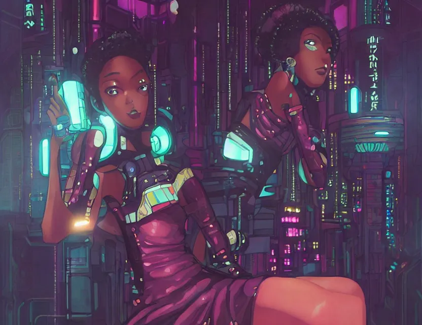 Prompt: black - skinned scifi princess in a deep sea cafe, wearing a lovely dress with cyberpunk elements. this oil painting by the award - winning mangaka has an interesting color scheme and impeccable lighting.