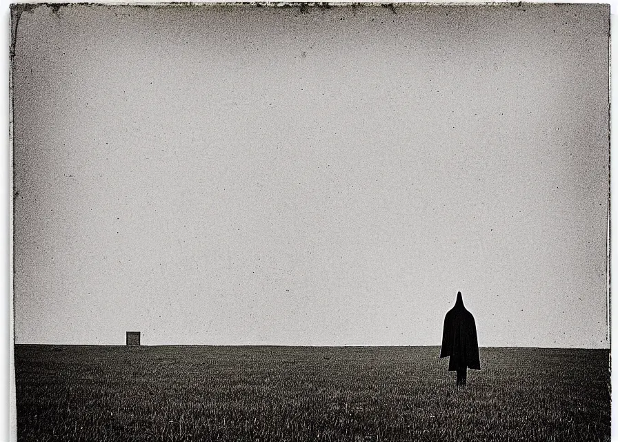 Prompt: white sheet ghost standing in an empty field, by jean charlot