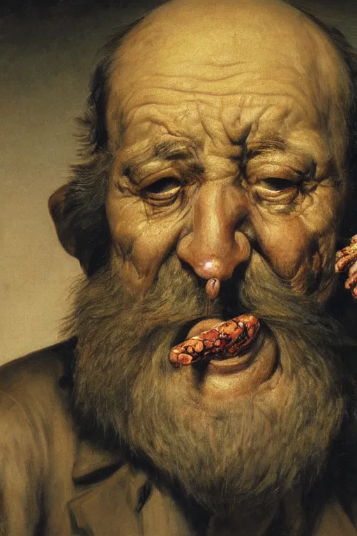 Prompt: hyperrealism close-up portrait of an ugly old man, with cigar, cockroaches coming out of his nose and ears and eyes in style of Francisco Goya