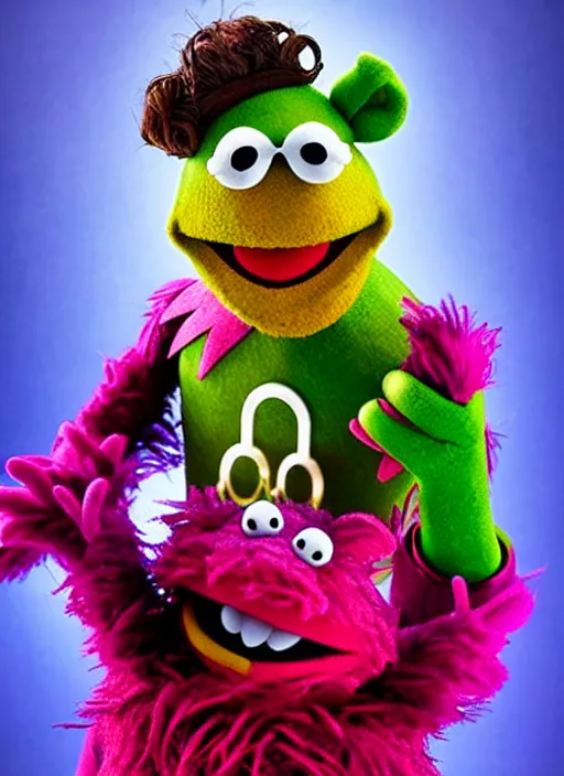 Prompt: studio portrait still of muppet!!!!! loki!!!!!! from avengers infinity war with scepter as a muppet muppet as a muppet, 8 k, studio lighting, key light,
