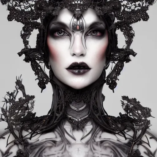 Prompt: a female harkonen model by stefan geselle and nekro borja, photorealistic, biomechanical, lace, intricate details, hyper realistic, ornate headpiece, photorealistic, canon r 3, photography, wide shot, photography, dark beauty, symmetrical features