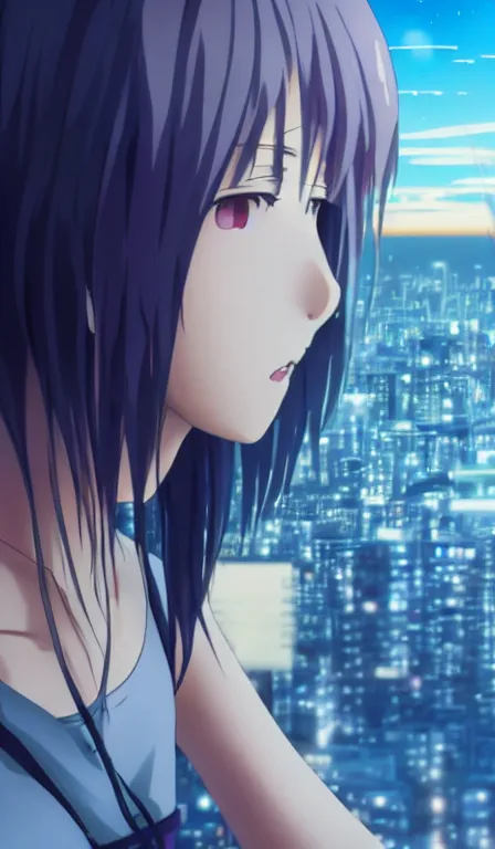 Image similar to anime fine details portrait of Mizore Shirayuki in front of modern tokyo city landscape on the background deep bokeh, close-up view, anime masterpiece by Studio Ghibli, 8k, sharp high quality anime, artstation