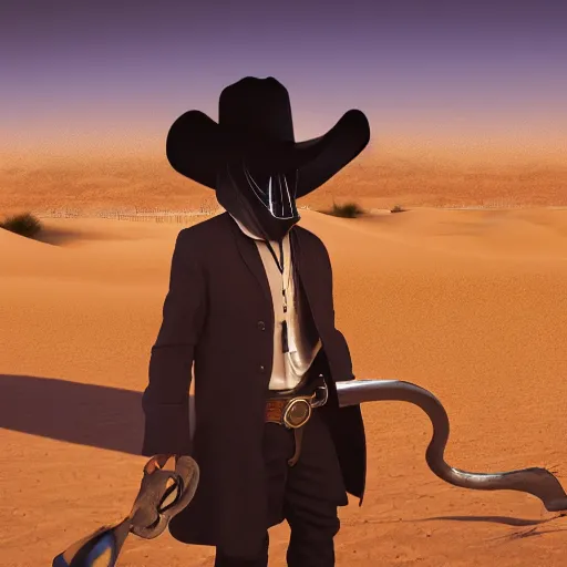 Image similar to a plague doctor cowboy standing near a western town in the desert, dynamic lights, ray tracing, photorealistic art, hyper realism, cinematic concept art