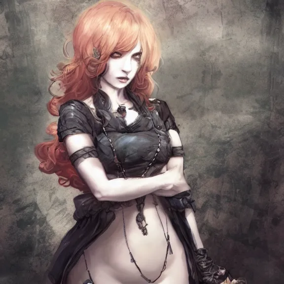 Image similar to christina hendricks!!!!! goth!!!!!, tankoban, 4 k, tone mapping, akihiko yoshida, james jean andrei riabovitchev marc simonetti, yoshitaka amano, long hair, curly, h. hydrochaeri