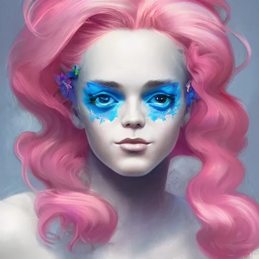 Prompt: beautiful magic angel with flowing pink hair, full body, blue piercing eyes, high brows, beautiful aesthetic, by james jean, trending on artstation, digital art