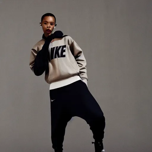 Image similar to realistic editorial photoshooting for a new nike lookbook color film photography of a beautiful woman model, photo in style of tyler mitchell, ssense