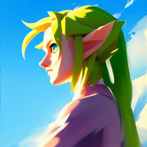 Image similar to portrait of a female Link from Legend of Zelda, medium shot, asymmetrical, profile picture, Organic Painting, sunny day, Matte Painting, bold shapes, hard edges, street art, trending on artstation, by Greg Manchess and Huang Guangjian and Loish and Gil Elvgren and Sachin Teng