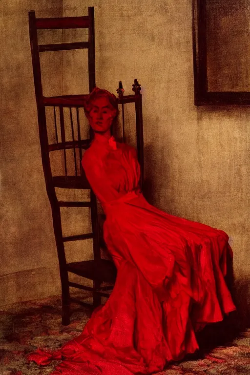 Image similar to an empty red dress laid across a chair in a dark victorian era room. in the style of american impressionism painting.