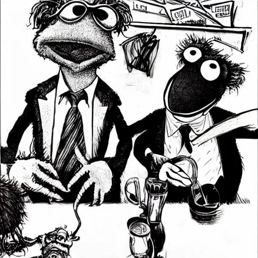 Image similar to the muppets drawn by ralph steadman fear and loathing in las vegas style