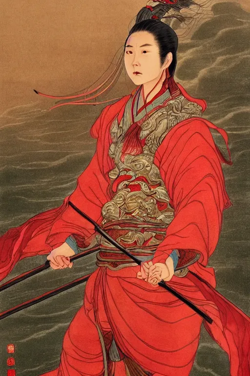 Image similar to a masterpiece portrait of legendry nezha flies riding on the wind fire wheels across the sea, water everywhere, chinese mythology, side view, red cloth around his shoulders, hold spear, cinematic, fantasy character portrait, highly detailed, by ne zha ( 2 0 1 9 ), fenghua zhong