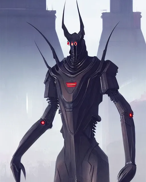 Image similar to concept art for a tall bug futursitc knight, designed to appear like an insect, sleek design, futursitic design, detailed digital illustration by greg rutkowski, android netrunner