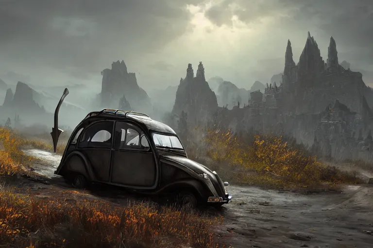 Prompt: daedric offroad citroen 2 cv ( 1 9 6 5 ) driving across the rift, daedric axe stored on the side of the car, leather and cloth traveller backpacks on roof, riften city in the background, epic fantasy, autumn, the elder scrolls v : skyrim, dramatic lighting, establishing shot, by simon stalenhag