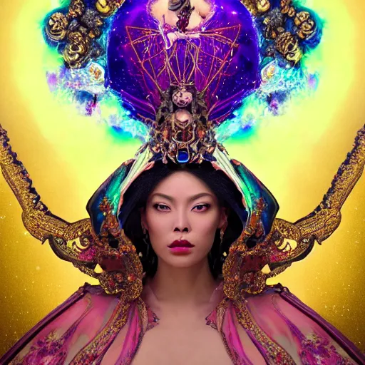 Image similar to a beautiful empress portrait, with a brilliant, impossible striking big cosmic galaxy headpiece, clothes entirely made out of cosmos chaos energy, symmetrical, dramatic studio lighting, rococo, baroque, jewels, asian, hyperrealism, closeup, D&D, fantasy, intricate, elegant, highly detailed, digital painting, artstation, octane render, 8k, concept art, matte, sharp focus, illustration, art by Artgerm and Greg Rutkowski and Alphonse Mucha