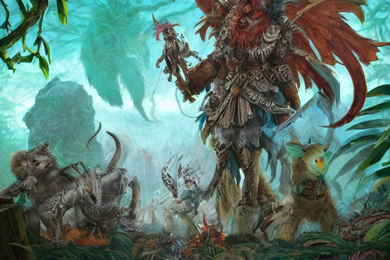 Prompt: dungeons and dragons fantasy painting, close order phalanx of feathered mice spartans, 3 0 0, whimsical and cute, aztec ashigaru. determined expressions, watery eyes, anime inspired, white fur, red and teal plumes, tufty whiskers, steel blades, in the jungle, vibrant jungle foliage by brain froud jessica rossier and greg rutkowski