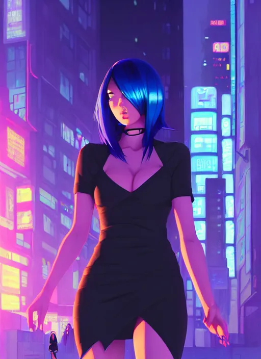 Image similar to digital illustrationportrait of cyberpunk pretty girl with blue hair, wearing a tight black dress, in city street at night, by makoto shinkai, ilya kuvshinov, lois van baarle, rossdraws, basquiat