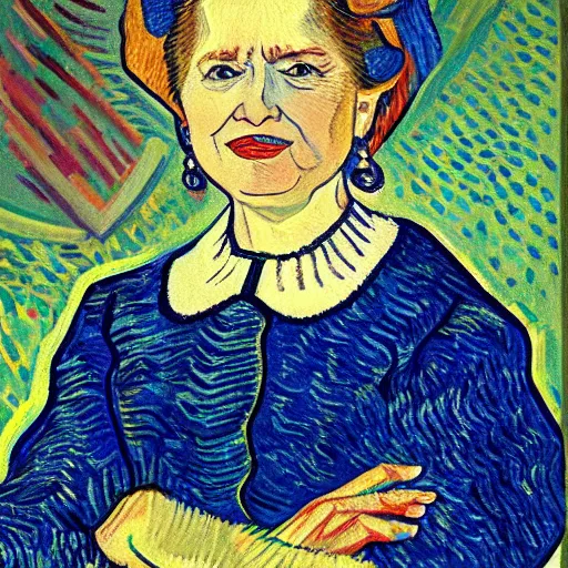 Prompt: detailed oil portrait of hillary clinton wearing pearl earrings, painted by van gogh