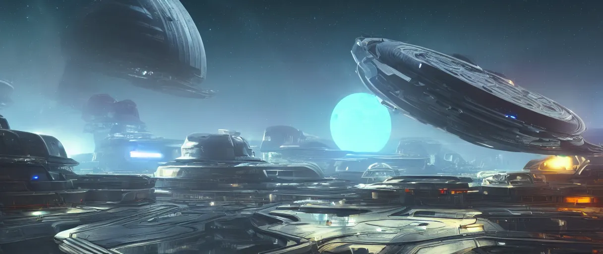 Image similar to a wide shot of a large distant hi-tech sci-fi spaceship from the outside, with a lot of bright color lights, bridges, turrets, pipes, orbiting a gas giant planet, beautiful, volumetric light, photography, color, intricate, extremely detailed, photorealistic, unreal engine 5