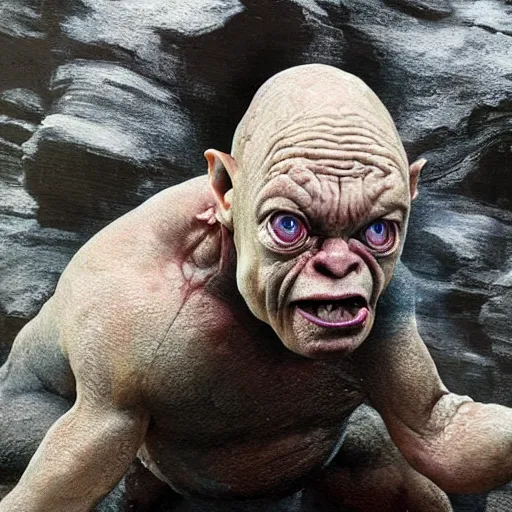 Prompt: hyperrealistic mixed media high resolution painting of Danny DeVito Gollum perched in a dark cave, stunning 3d render inspired art by Jamie Salmon and István Sándorfi and Unreal Engine and Greg Rutkowski, perfect facial symmetry, dim volumetric lighting, 8k octane beautifully detailed render, full body shot, post-processing, extremely hyper-detailed, intricate, epic composition, highly detailed attributes, highly detailed atmosphere, cinematic lighting, masterpiece, trending on artstation, very very detailed, masterpiece, stunning, flawless completion, lifelike texture, perfection,