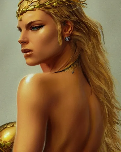 Image similar to tattoo sketch of hot blonde super model as aphrodite greek goddess wearing a gold laurel wreath and triangle earrings, beautiful piercing gaze with sharp pupils, in the style of greg rutkowski, fantasy, amazing detail, epic, elegant, smooth, sharp focus, front view