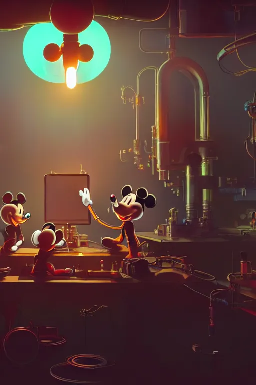 Image similar to bunch of mechanics operating bloody mickey mouse in science facility, big glowing netflix logo behind, greg rutkowski, beeple, gilleard, alphonse mucha cgsociety, unreal engine, octane render, highly detailed 4 k art, smooth, sharp focus, cinematic lighting,