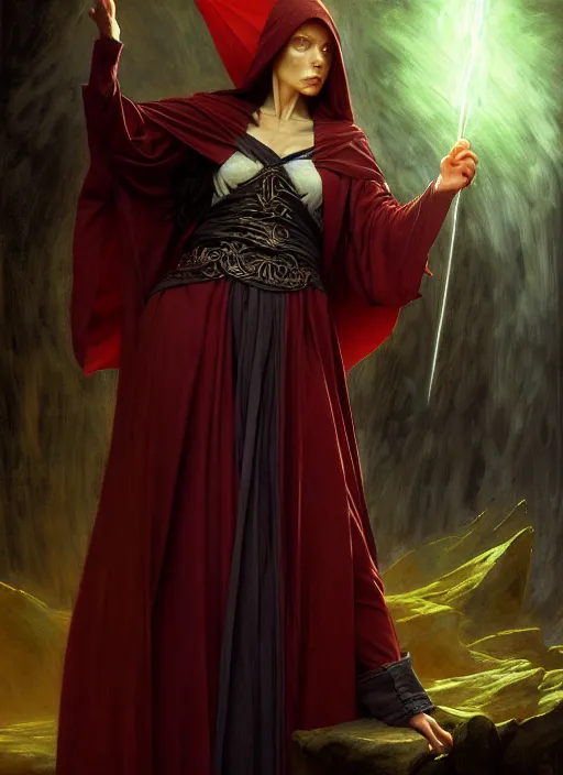 Image similar to female wizard, robes, full body, hyper realistic, extremely detailed, dnd character art portrait, dark fantasy art, intricate fantasy painting, dramatic lighting, vivid colors, deviantart, artstation, by edgar maxence and caravaggio and michael whelan and delacroix.