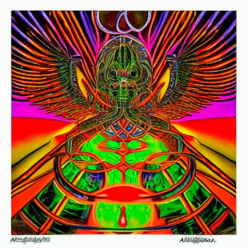 Image similar to three - headed robotic flaming hell chicken, sacred geometry, alchemy, secrets of the merkabah, psychedelic, in the style of alex grey and lisa frank