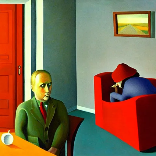 Image similar to in soviet russia, tv watches you!, grant wood, pj crook, edward hopper, oil on canvas