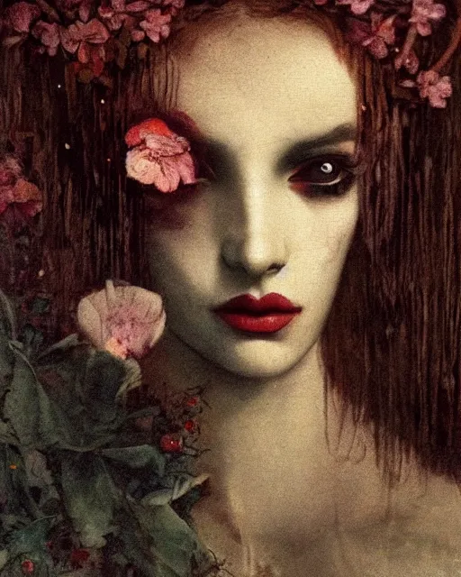 Prompt: a beautiful but sinister and creepy woman in layers of fear, with haunted eyes, violence in her eyes, putting on lipgloss, 1 9 7 0 s, seventies, delicate embellishments, a little blood, woodland, moonlight shining on wildflowers, painterly, offset printing technique, by alexandre cabanel