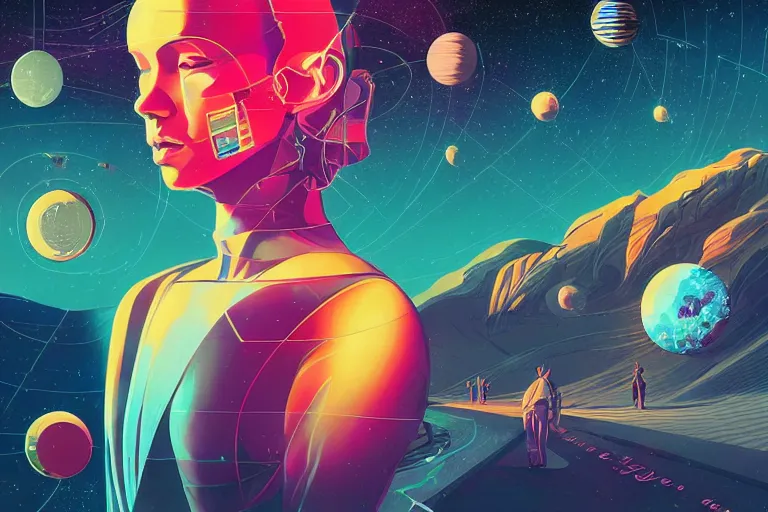 Prompt: a brain synthwave cyber bokeh interconnected with the solar system, tristan eaton, victo ngai, artgerm, rhads, ross draws