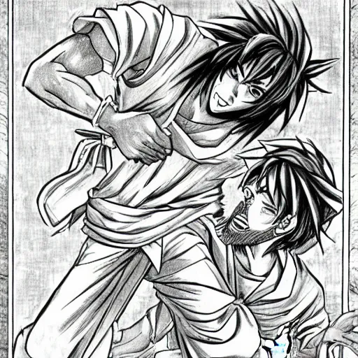 Image similar to manga drawing of jesus, goku fighting jesus