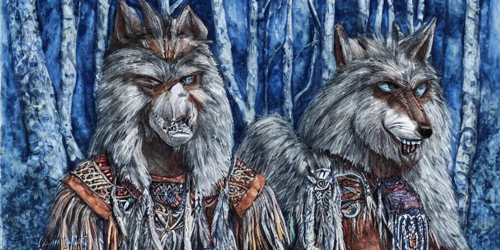 Prompt: realistic painting of an anthropomorphic werewolf, furry, blue / white fur, in a misty forest at night, with braids and beads in mane, native american clothing,, heavily detailed, early 2 0 0 0 s, in the art style of quetzecoatl, using watercolor, ink, colored pencil, and paint