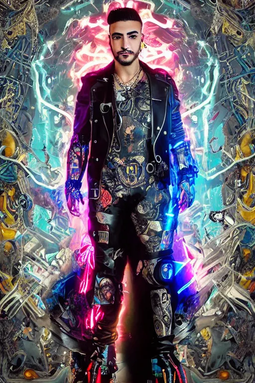 Prompt: full-body cyberpunk style sculpture of handsome singer Maluma as a half cyborg with a chest opening exposing circuitry and electric sparks, glowing pink eyes, crown of blue flowers, flowing salmon-colored silk, fabric, raptors. baroque elements. full-length view. baroque element. intricate artwork by caravaggio. many many birds birds on background. Trending on artstation, octane render, cinematic lighting from the right, hyper realism, octane render, 8k, depth of field, 3D