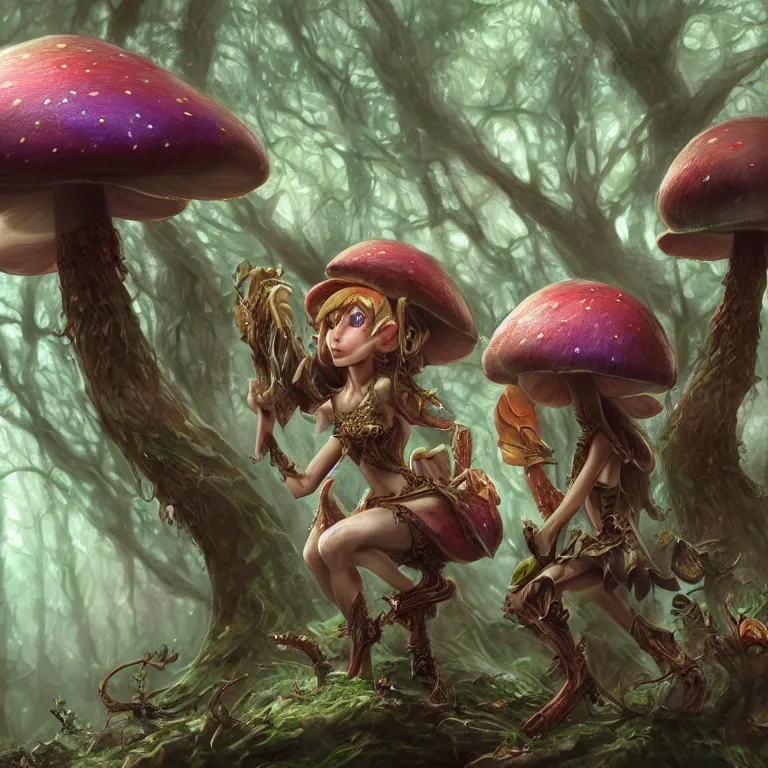 Image similar to Close up hyper detailed fantasy mushroom elf elves in the forest digital art, 4k, artstation deviantart concept art studio lighting