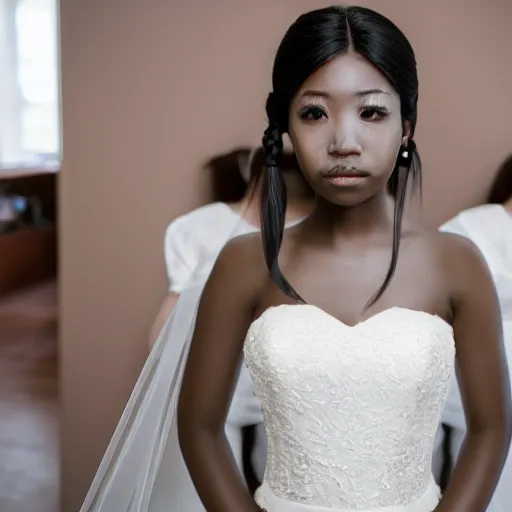 Image similar to a symmetric and beautiful face, professional full length high definition photo of a young woman with twin tails and wedding dress, photo taken with Sony a7R