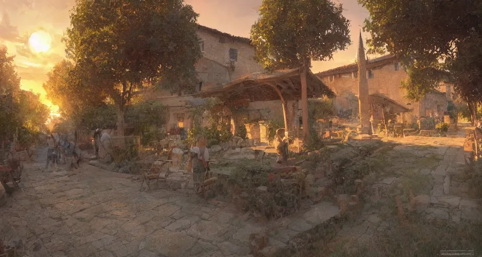 Image similar to craig mullins and ghibli digital art, village of lourmarin at sunset unreal engine, hyper realism, realistic shading, cinematic composition, realistic render, octane render, detailed textures, photorealistic, wide shot