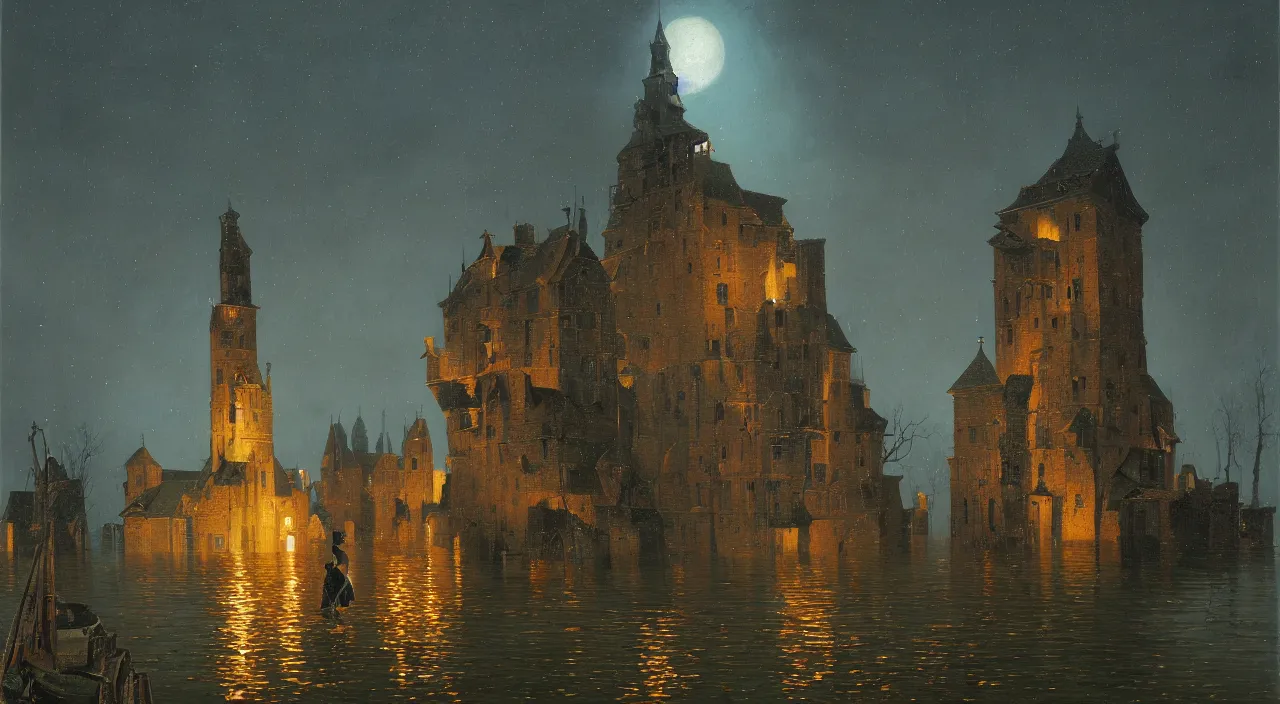 Prompt: an oil painting of a flooded ancient tower at night by greg hildebrandt simon stalenhag carl spitzweg jan van eyck audubon rene magritte max ernst, surrealism, full-length view, highly detailed, vibrant colors, extremely high contrast!, symmetry, great composition, high detail, cinematic lighting, award winning masterpiece, trending on artstation