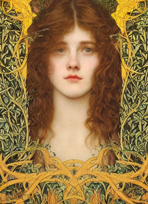 Prompt: masterpiece beautiful seductive flowing curves preraphaelite face portrait photography, sam spratt, extreme close up shot, straight bangs, thick set features, yellow ochre ornate medieval dress, amongst foliage mushroom forest circle arch, william morris and kilian eng and mucha, framed, 4 k